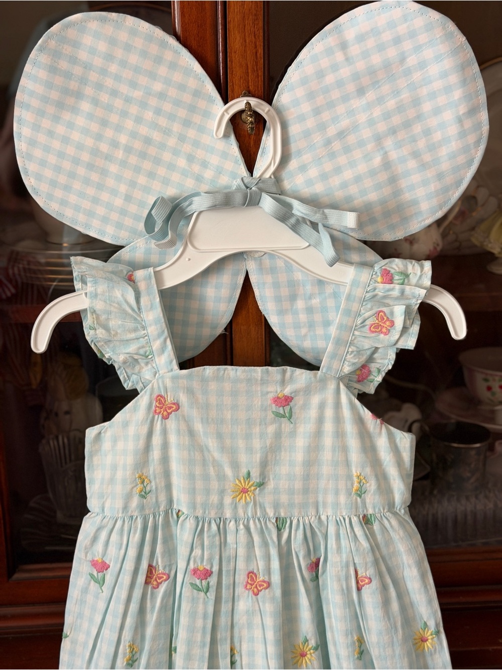 New  Blue Gingham Embroidered Girls Dress with butterfly/fairy wings